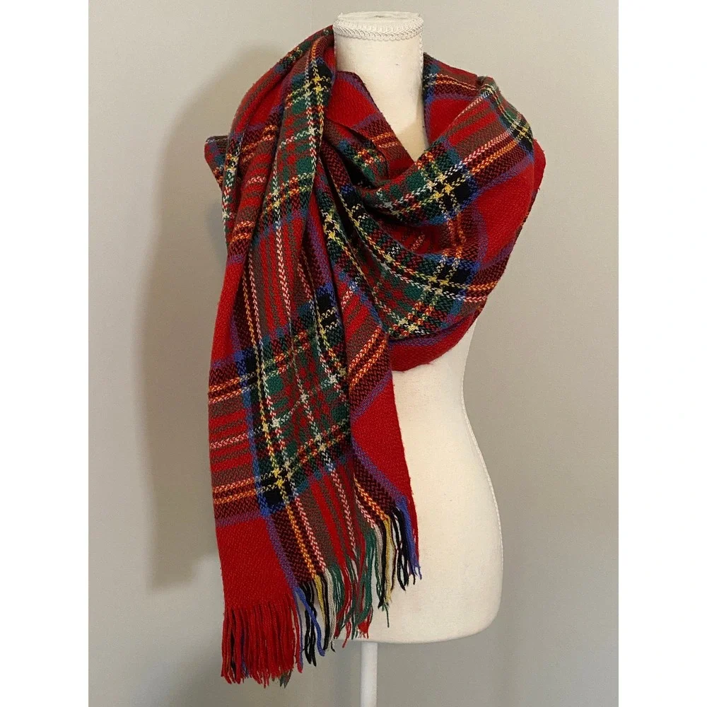 Dunlap Weavers Scarf Red Tartan Plaid Wool Silk Fringed Shawl USA Cabincore